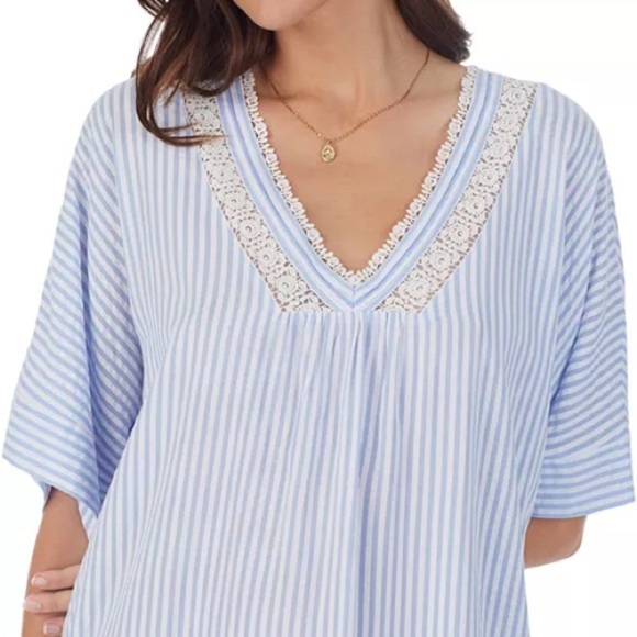 Eileen West Striped Seersucker Caftan Nightgown Blue White Pockets Size Medium - Picture 3 of 11